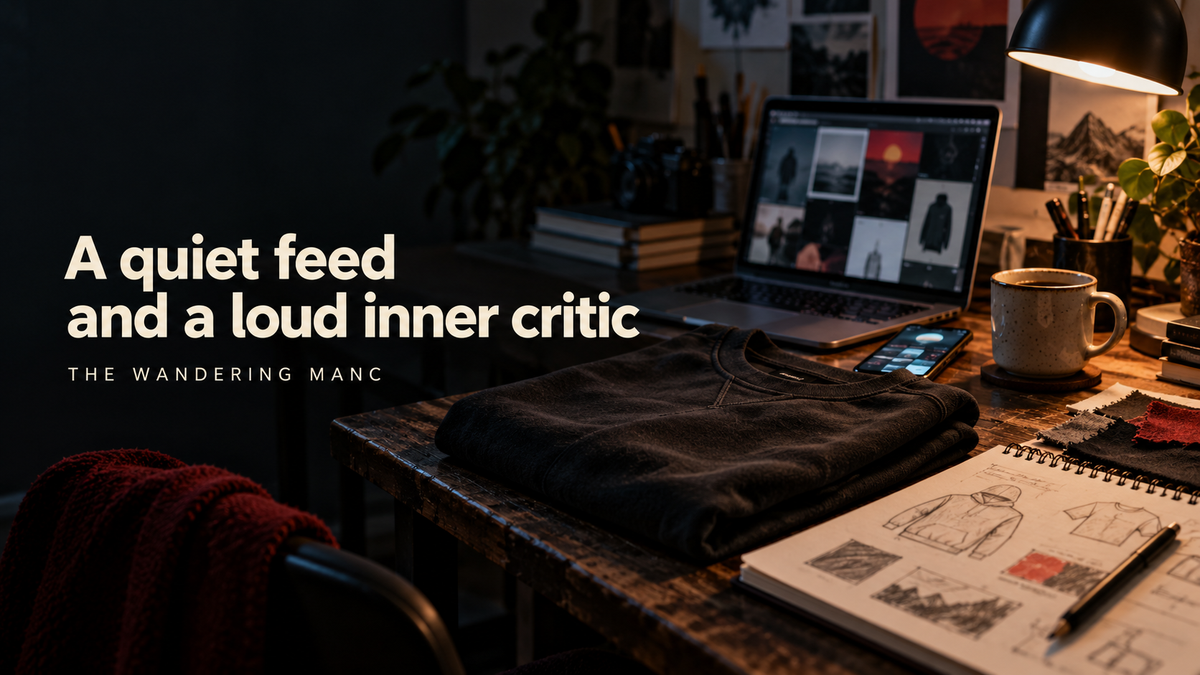 A clothing designer’s desk at night with a sweatshirt, laptop, phone and sketchbook beneath the title A quiet feed and a loud inner critic.