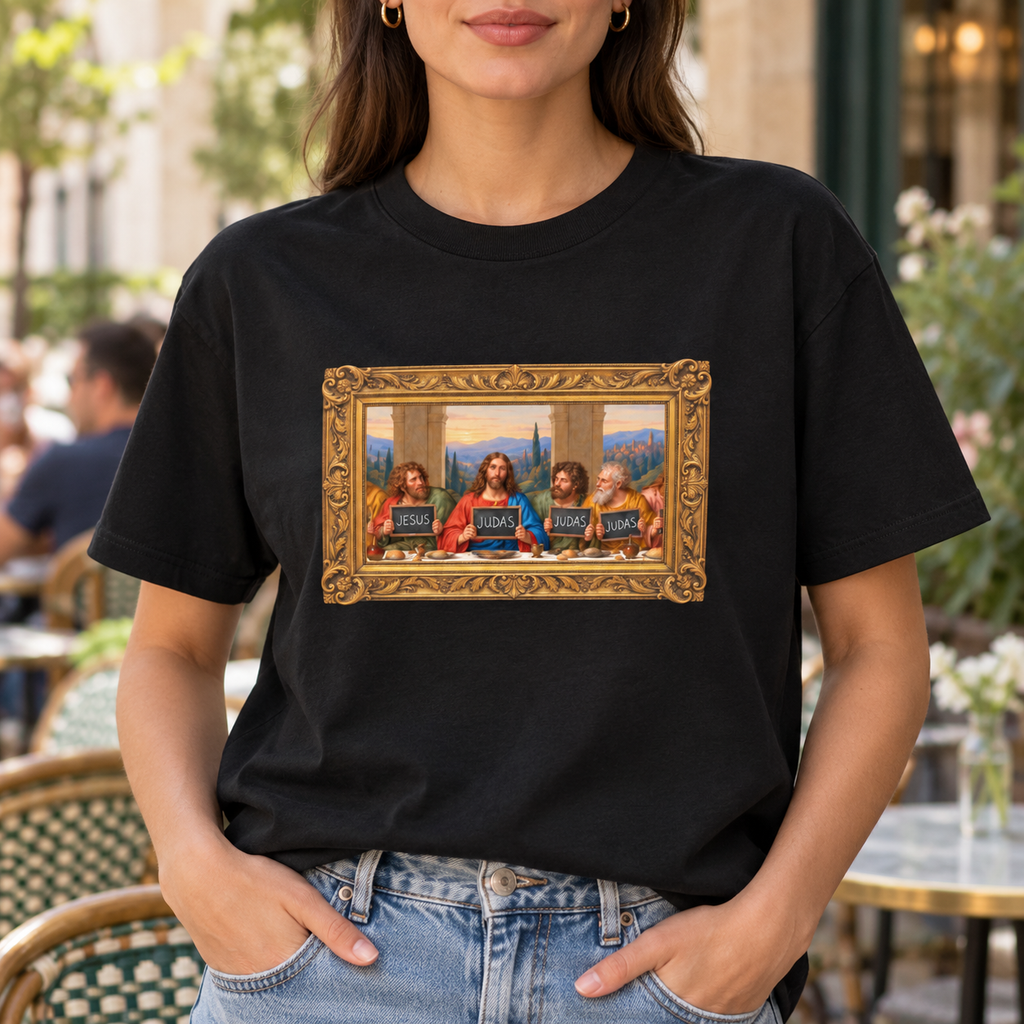 Black box tee featuring The Original Round Table Last Supper parody in an ornate gold frame, with JESUS and JUDAS voting boards.