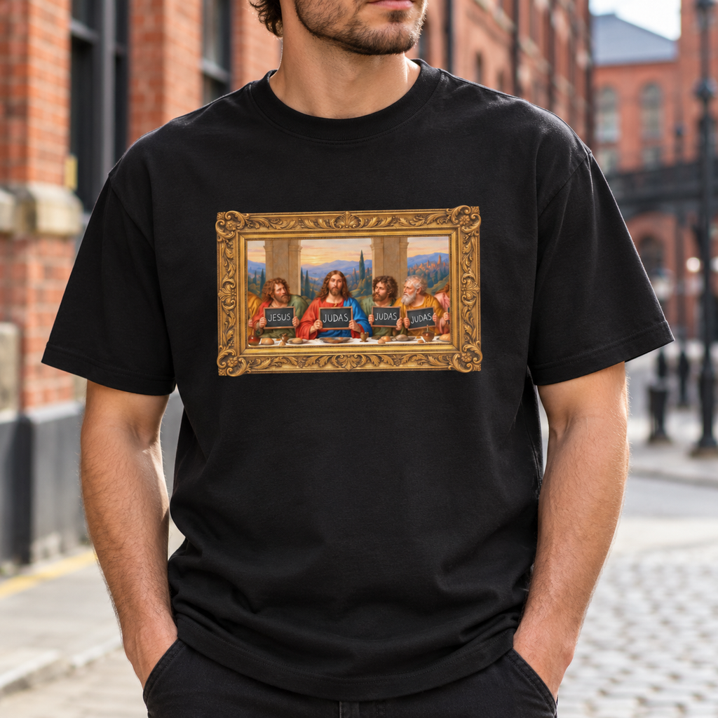 Black box tee featuring The Original Round Table Last Supper parody in an ornate gold frame, with JESUS and JUDAS voting boards.