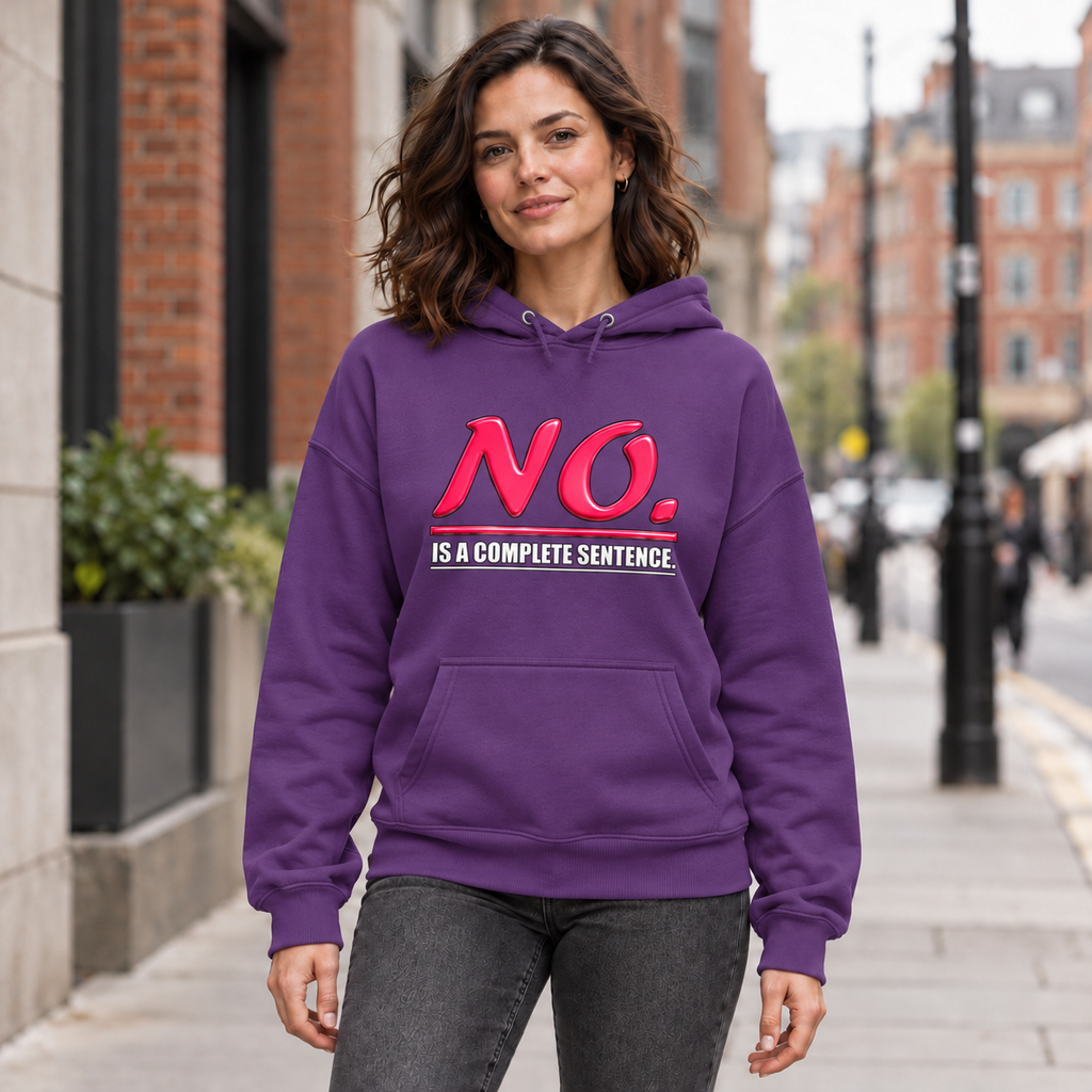 Purple unisex pullover hoodie with glossy pink “NO.” lettering and white “IS A COMPLETE SENTENCE.” slogan.