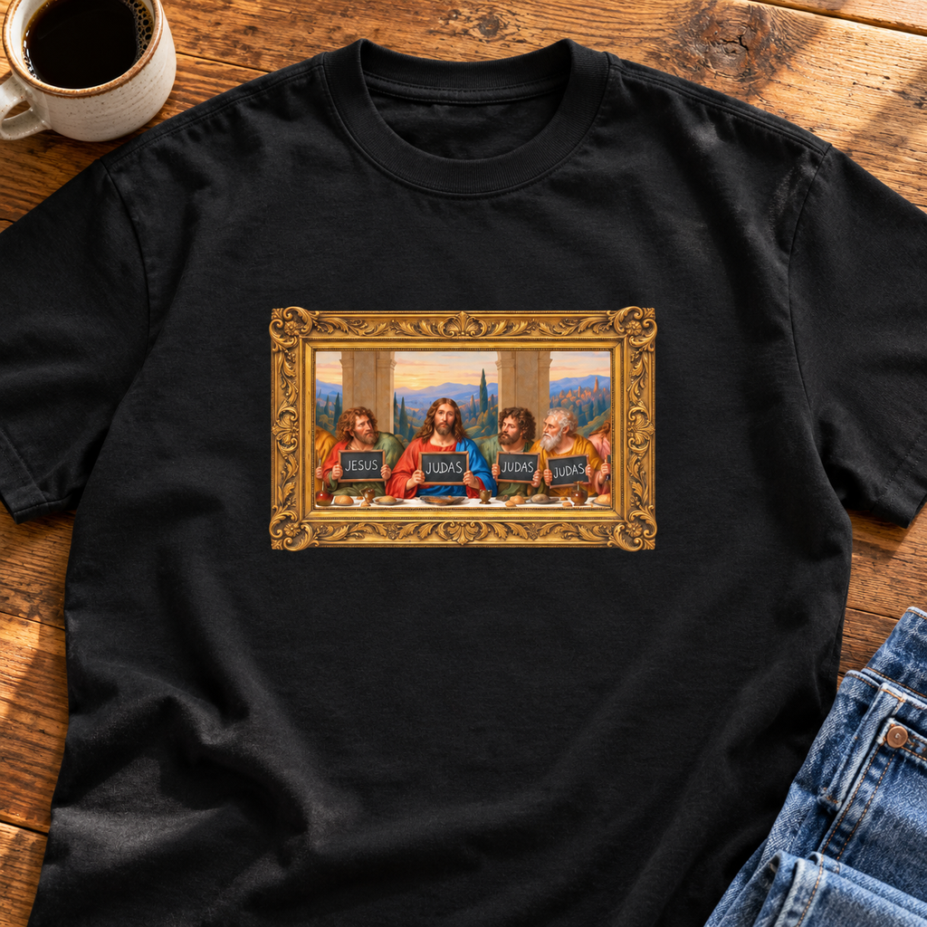 Black box tee featuring The Original Round Table Last Supper parody in an ornate gold frame, with JESUS and JUDAS voting boards.