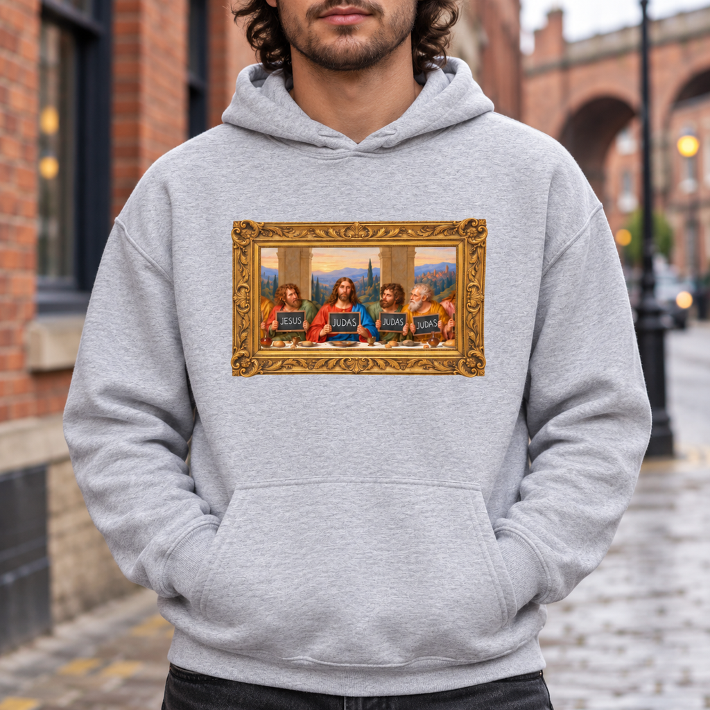 Sport grey hoodie featuring The Original Round Table Last Supper parody in a gold frame, with JESUS and JUDAS chalkboards.