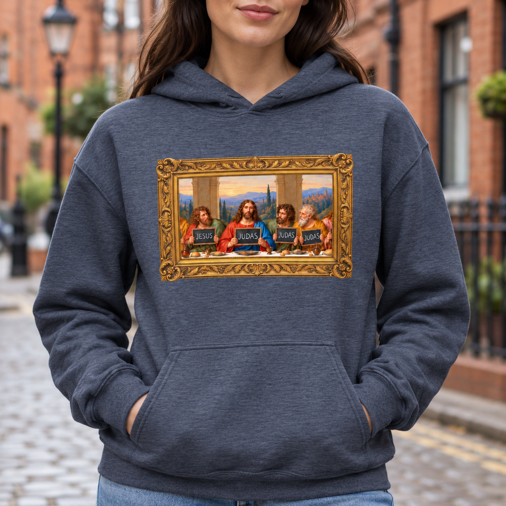 Heather navy hoodie featuring The Original Round Table Last Supper parody in a gold frame, with JESUS and JUDAS chalkboards.