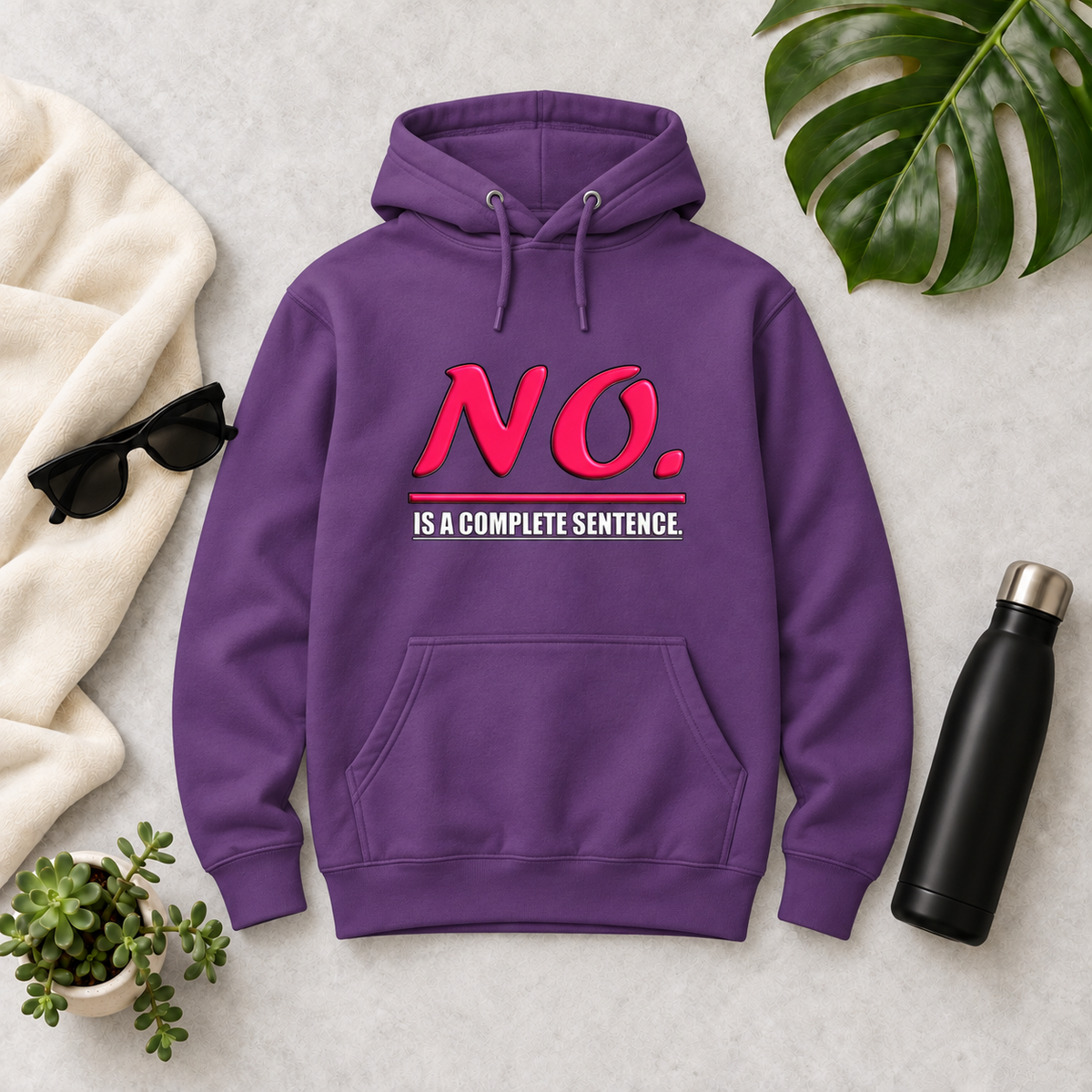 Purple unisex pullover hoodie with glossy pink “NO.” lettering and white “IS A COMPLETE SENTENCE.” slogan.