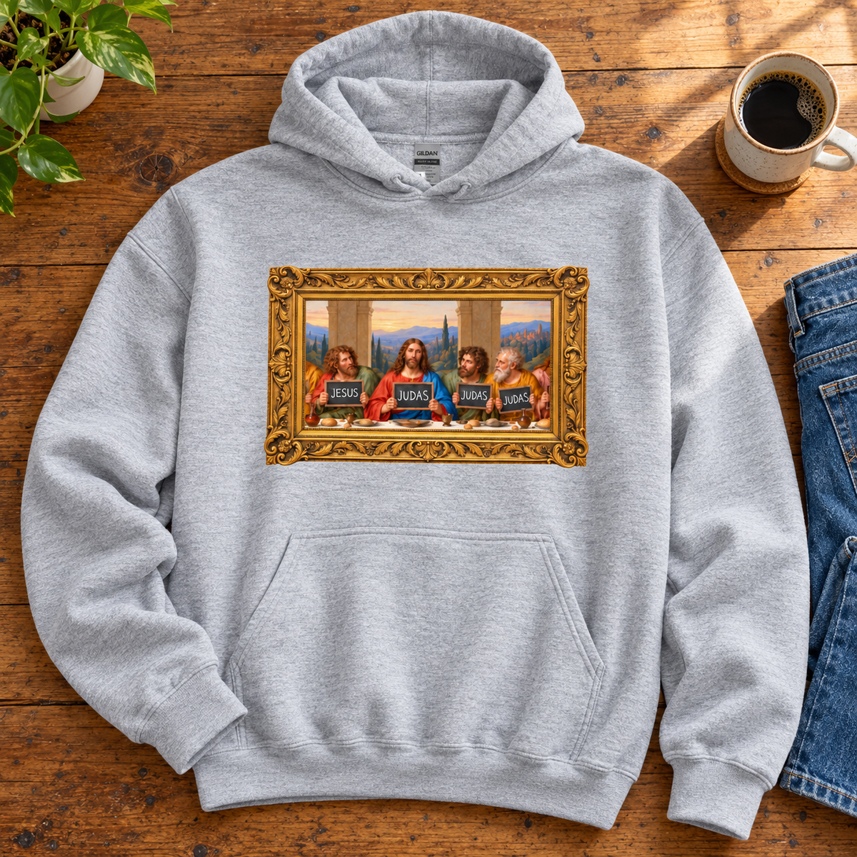 Sport grey hoodie featuring The Original Round Table Last Supper parody in a gold frame, with JESUS and JUDAS chalkboards.