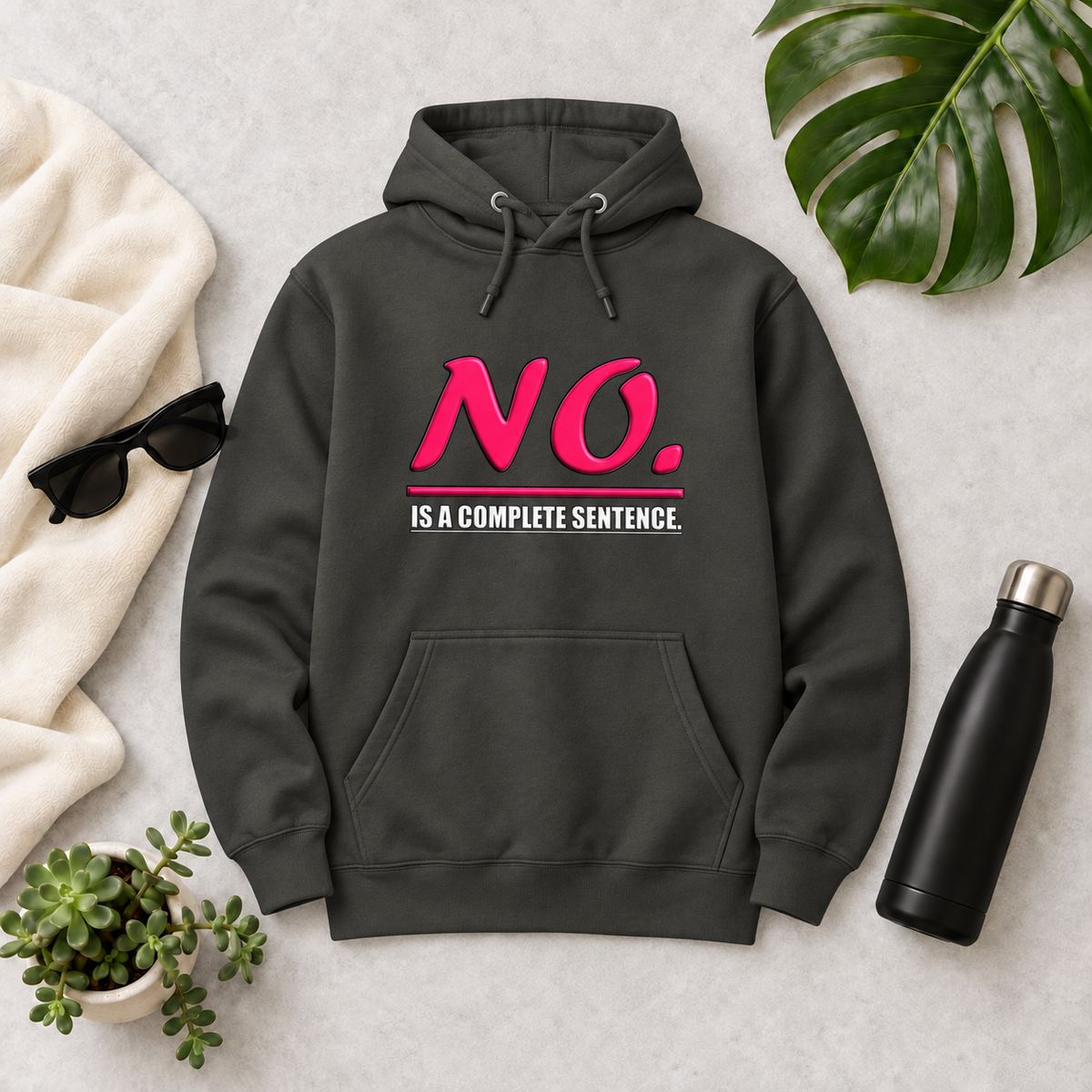 Vintage black unisex pullover hoodie with glossy pink “NO.” lettering and white “IS A COMPLETE SENTENCE.” slogan.