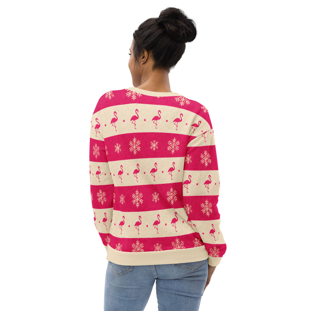 Back view of Flamingo Christmas sweatshirt.