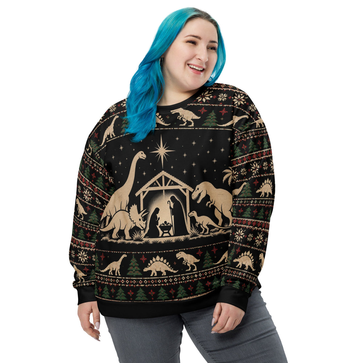 Dinosaur Nativity Scene festive Christmas sweatshirt - front view