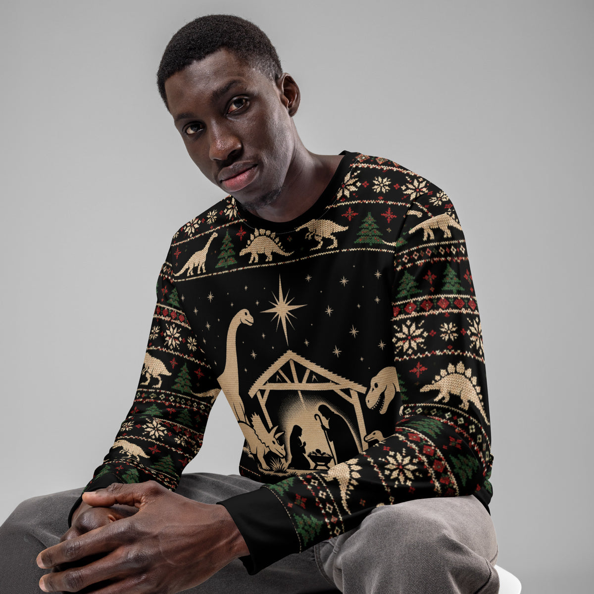 Dinosaur Nativity Scene Christmas sweatshirt – front view
