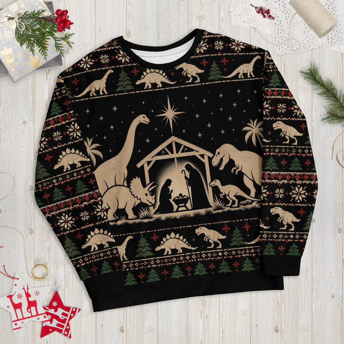 Dinosaur Nativity Scene Christmas sweatshirt – front view