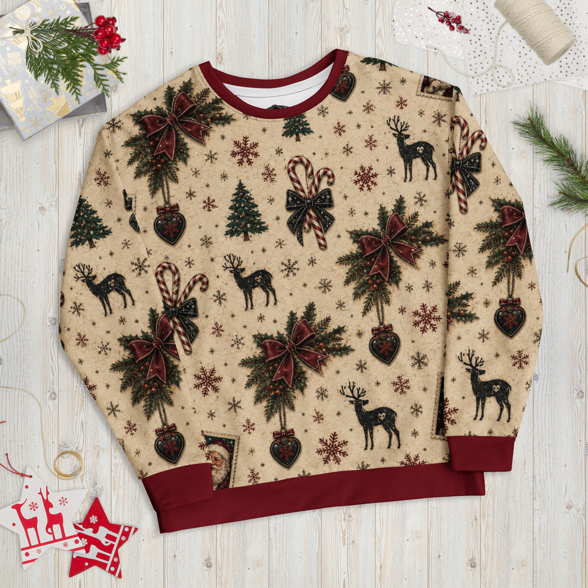 Reindeer and Holly Christmas sweatshirt – front view