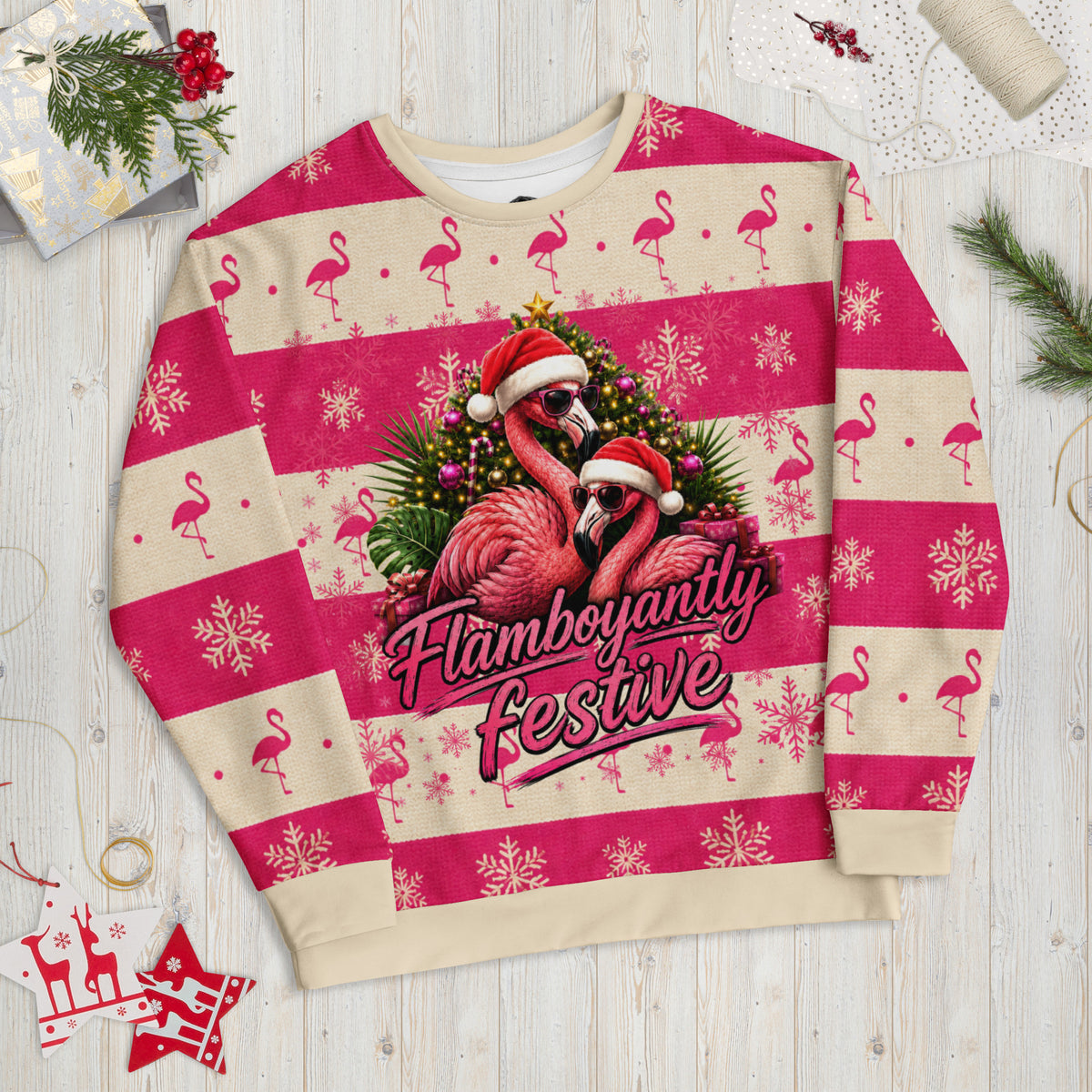 Flamboyantly Festive flamingo Christmas sweatshirt – front view
