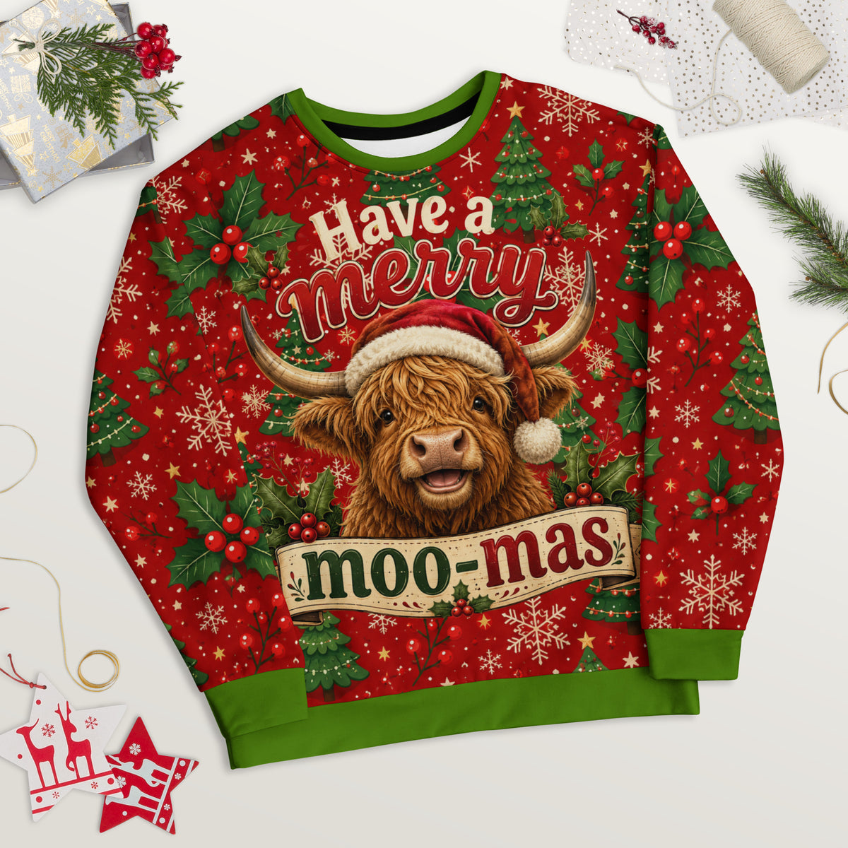 Have a Merry Moo-Mas Highland cow Christmas sweatshirt – alternate front view