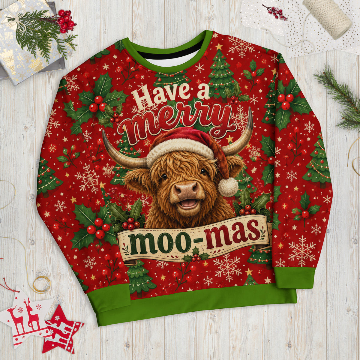 Have a Merry Moo-Mas Highland cow Christmas sweatshirt – front view