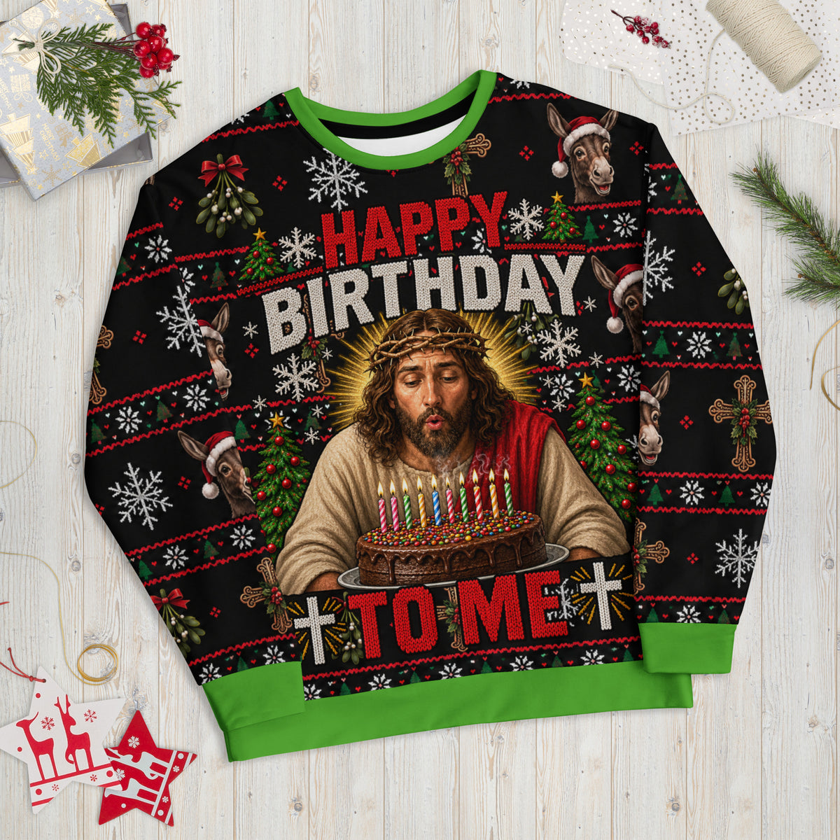 Birthday Jesus religious humour Christmas sweatshirt – front view