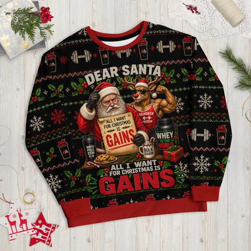 All I Want for Christmas Is Gains Santa gym sweatshirt – front view