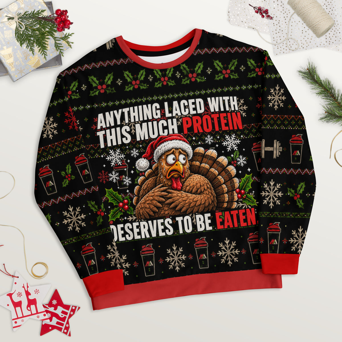 Protein Turkey gym Christmas sweatshirt – alternate front view