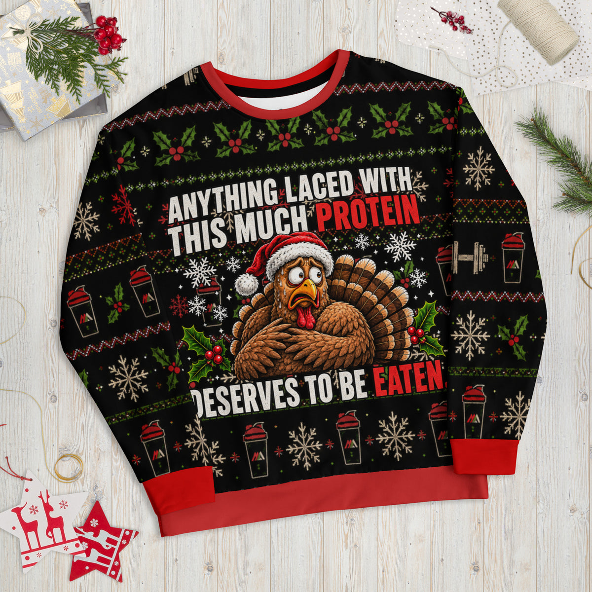 Protein Turkey gym Christmas sweatshirt – front view