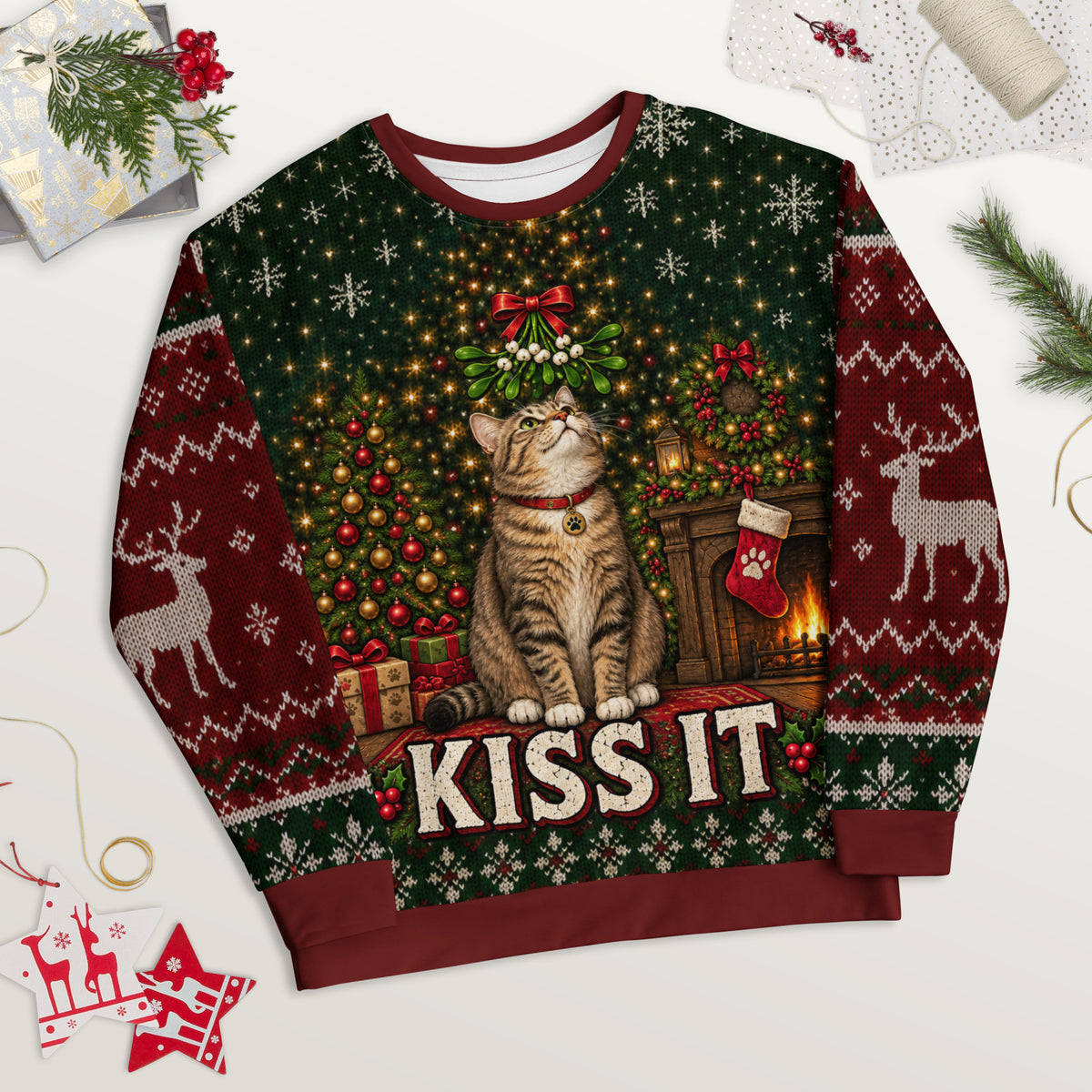Kitty Under Mistletoe cat lovers Christmas sweatshirt – alternate front view