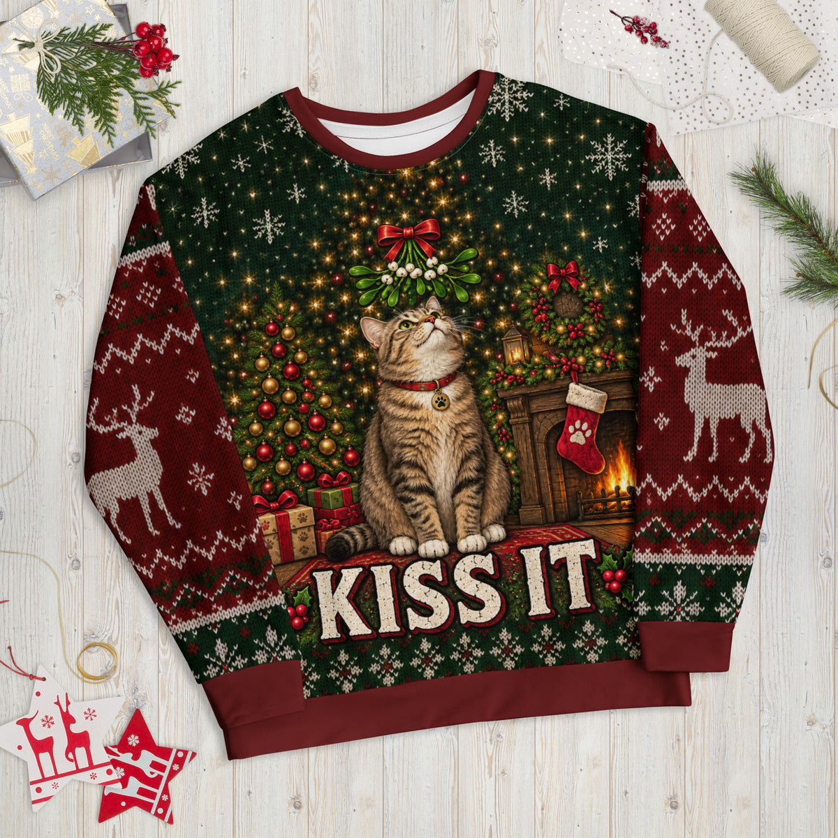 Kitty Under Mistletoe cat lovers Christmas sweatshirt – front view