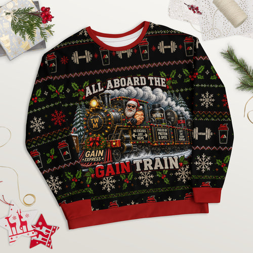 All Aboard the Gain Train gym Christmas sweatshirt – alternate front view