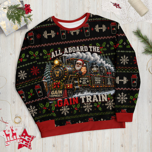 All Aboard the Gain Train gym Christmas sweatshirt – front view