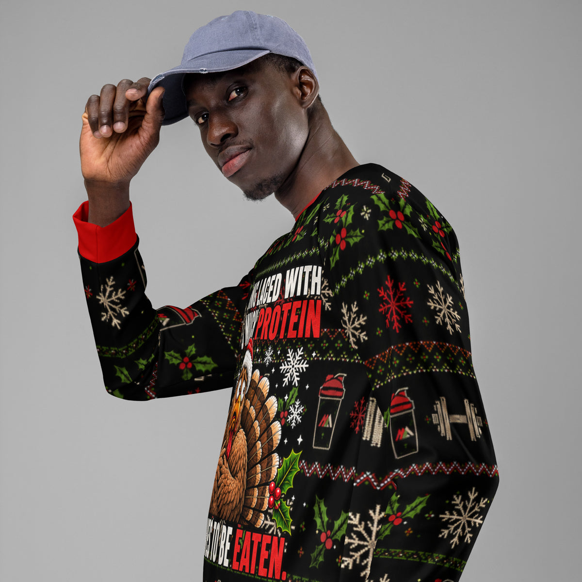 Protein Turkey gym Christmas sweatshirt – left side view