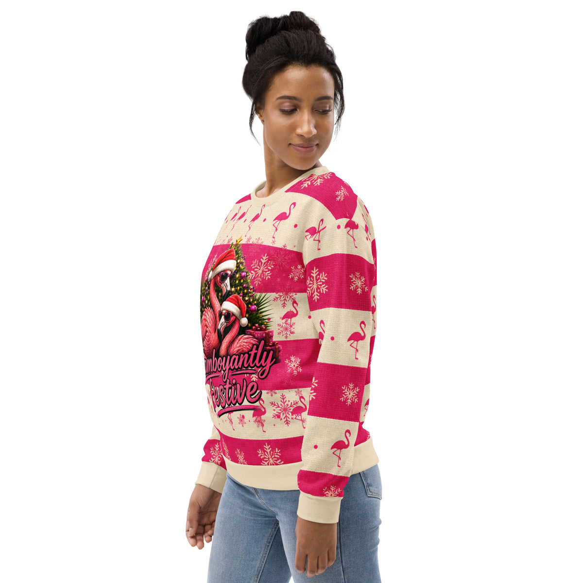 Model wearing Flamboyantly Festive pink-and-cream flamingo Christmas sweatshirt.