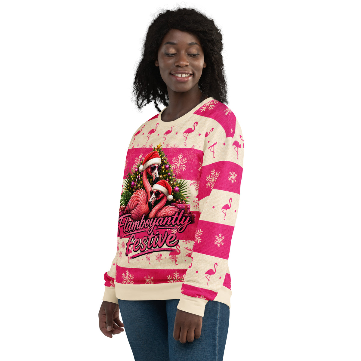 Model wearing Flamboyantly Festive pink-and-cream flamingo Christmas sweatshirt.