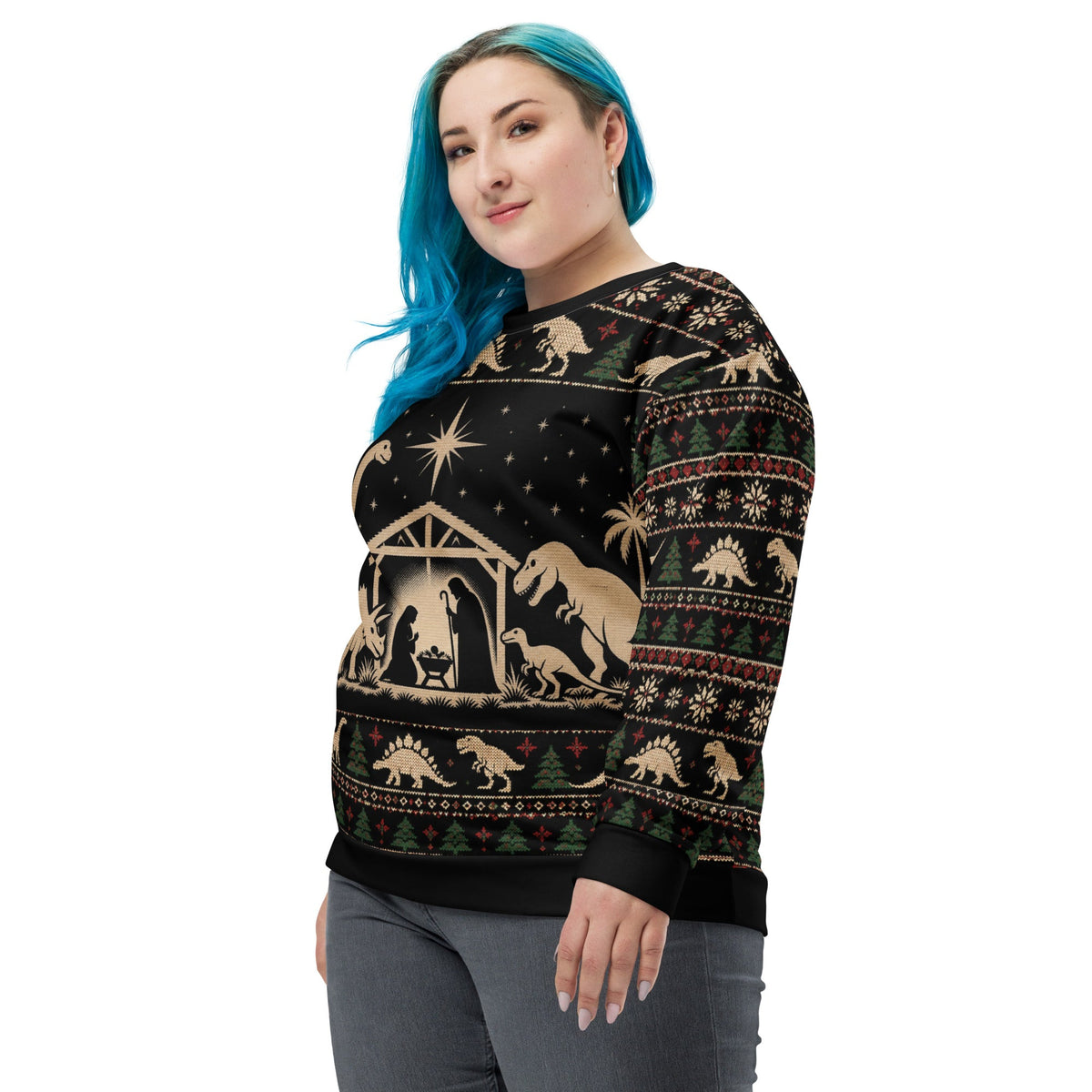 Dinosaur Nativity Scene festive Christmas sweatshirt - left angled front view