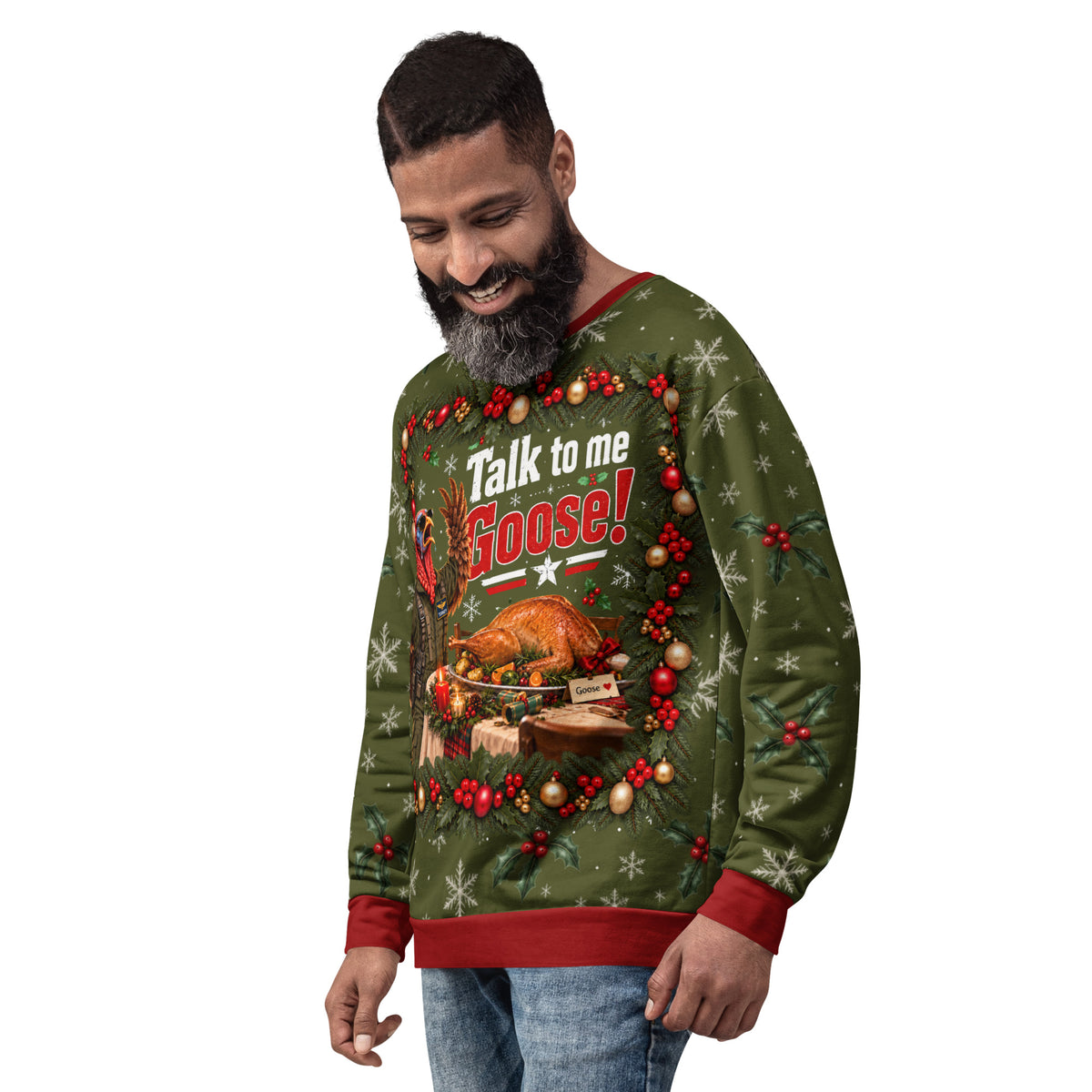 Talk to Me Goose funny Christmas sweatshirt – left front view