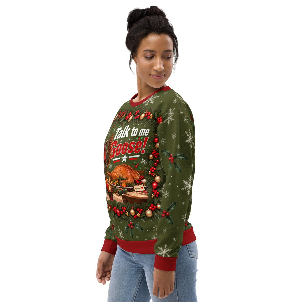 Talk to Me Goose funny Christmas sweatshirt – left front view