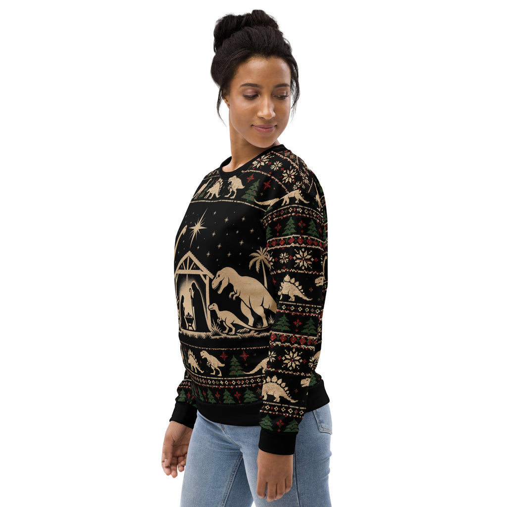 Dinosaur Nativity Scene Christmas sweatshirt – left front view