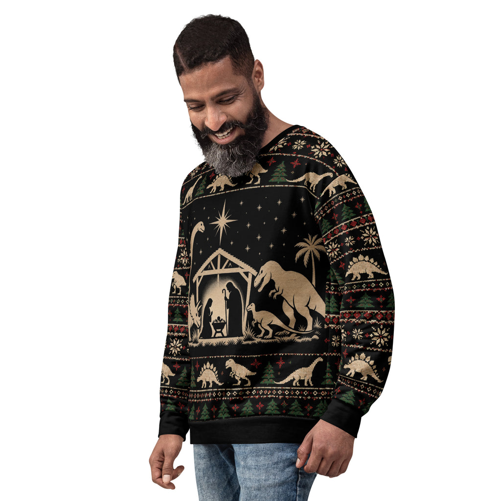 Dinosaur Nativity Scene Christmas sweatshirt – left front view