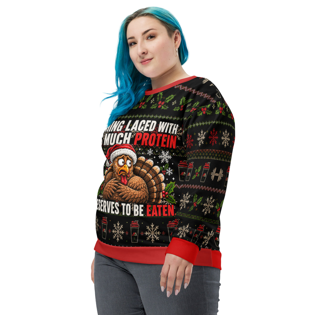 Protein Turkey gym Christmas sweatshirt – left front view