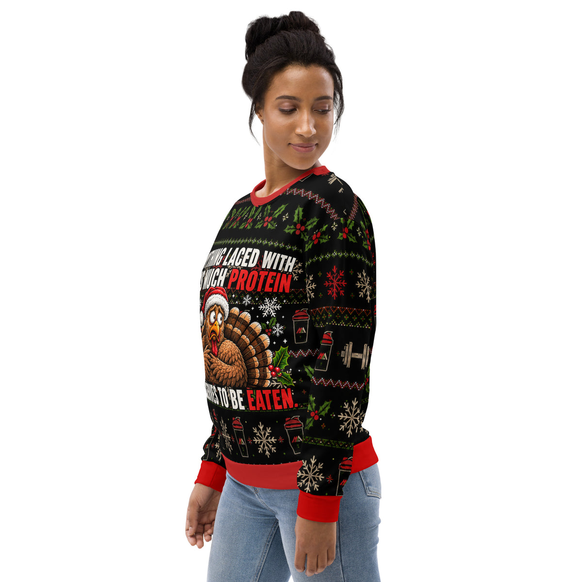 Protein Turkey gym Christmas sweatshirt – left front view