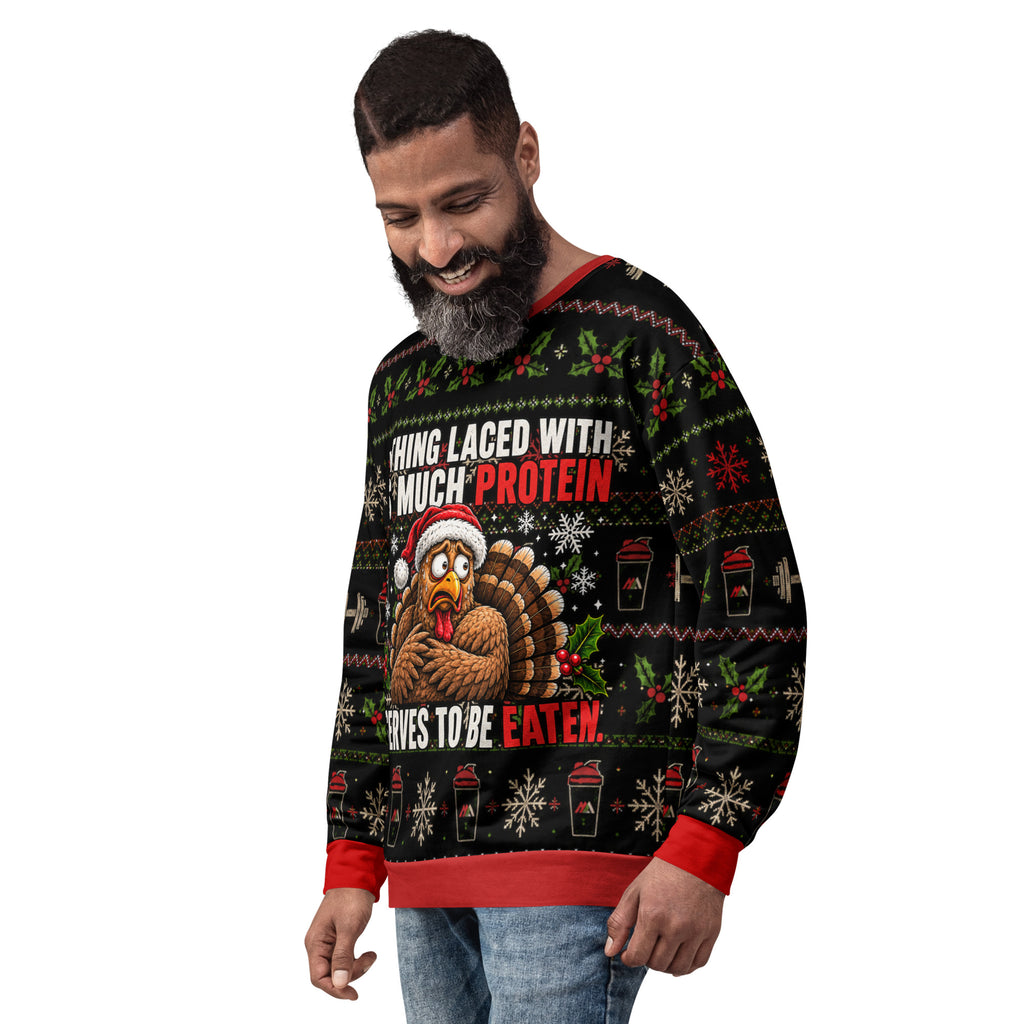 Protein Turkey gym Christmas sweatshirt – left front view