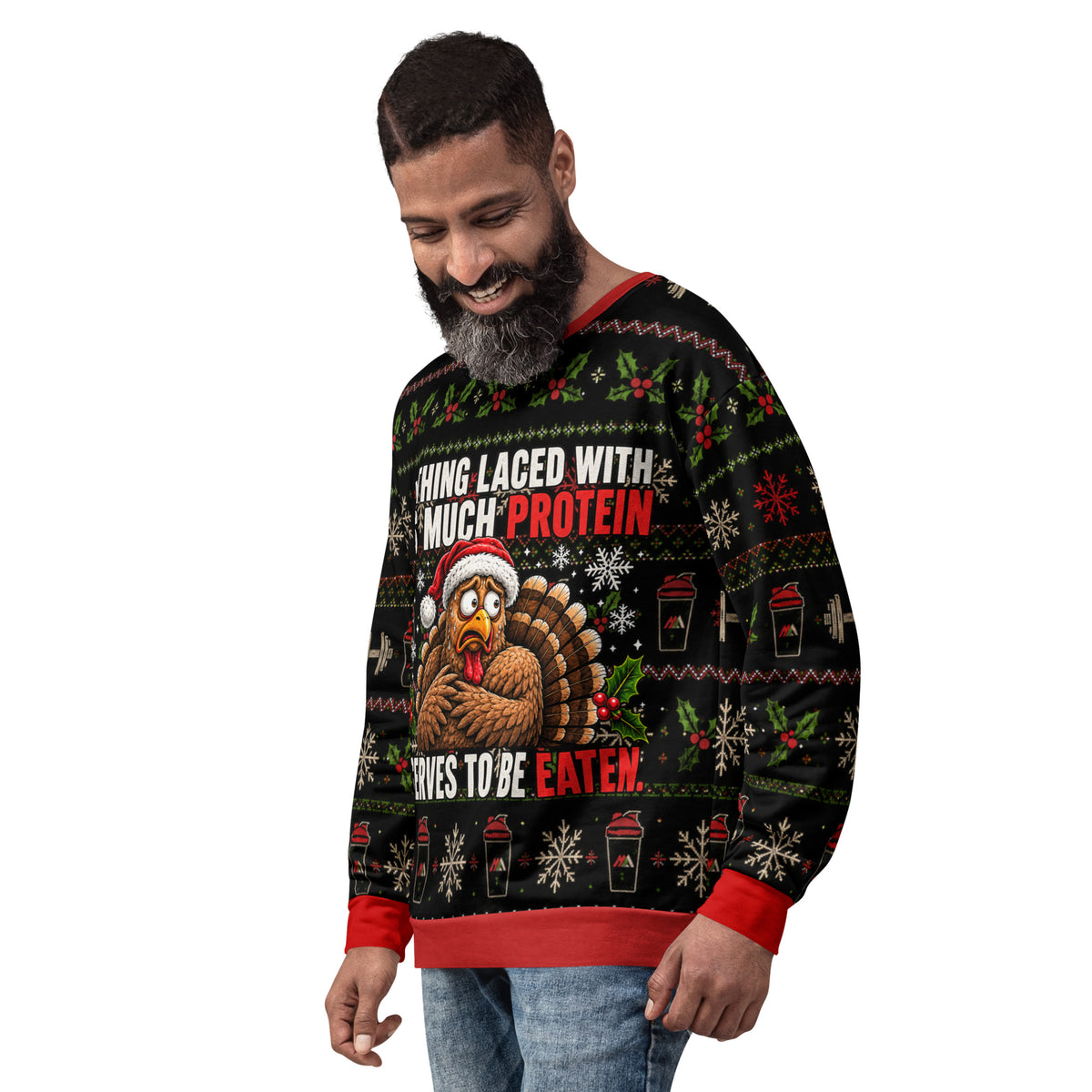 Protein Turkey gym Christmas sweatshirt – left front view