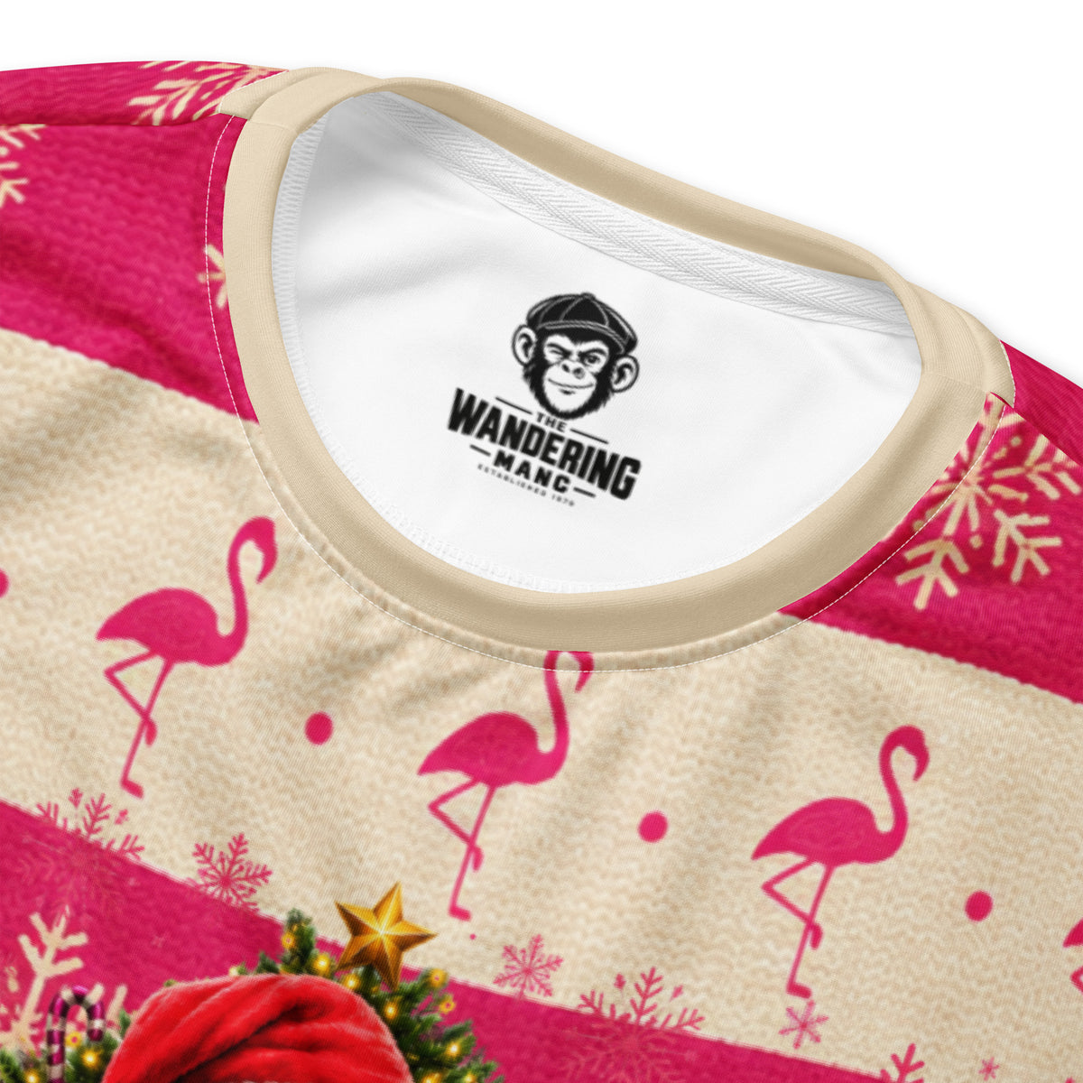 Close-up of the neckline and inside neck print of Flamboyantly Festive pink-and-cream flamingo Christmas sweatshirt.