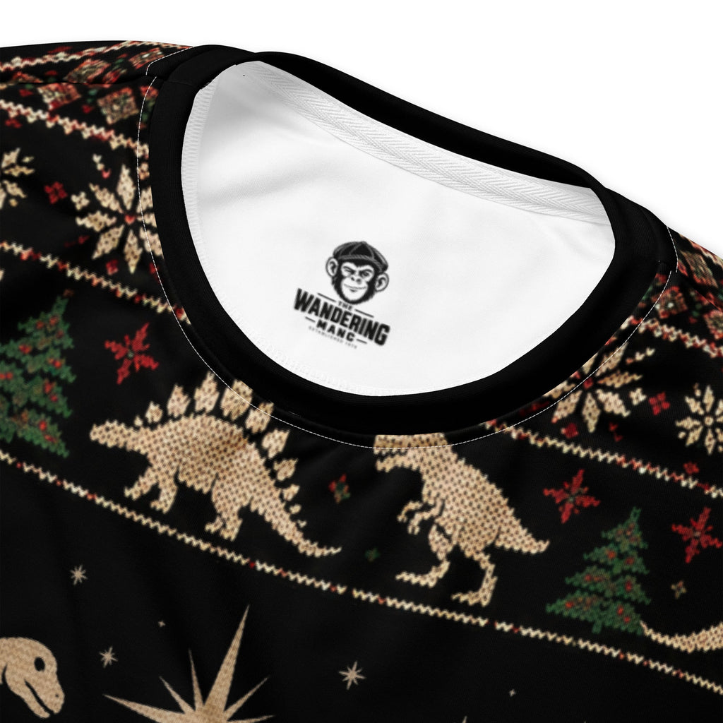 Close-up of Dinosaur Nativity Scene Christmas sweatshirt neckline and inside neck print.