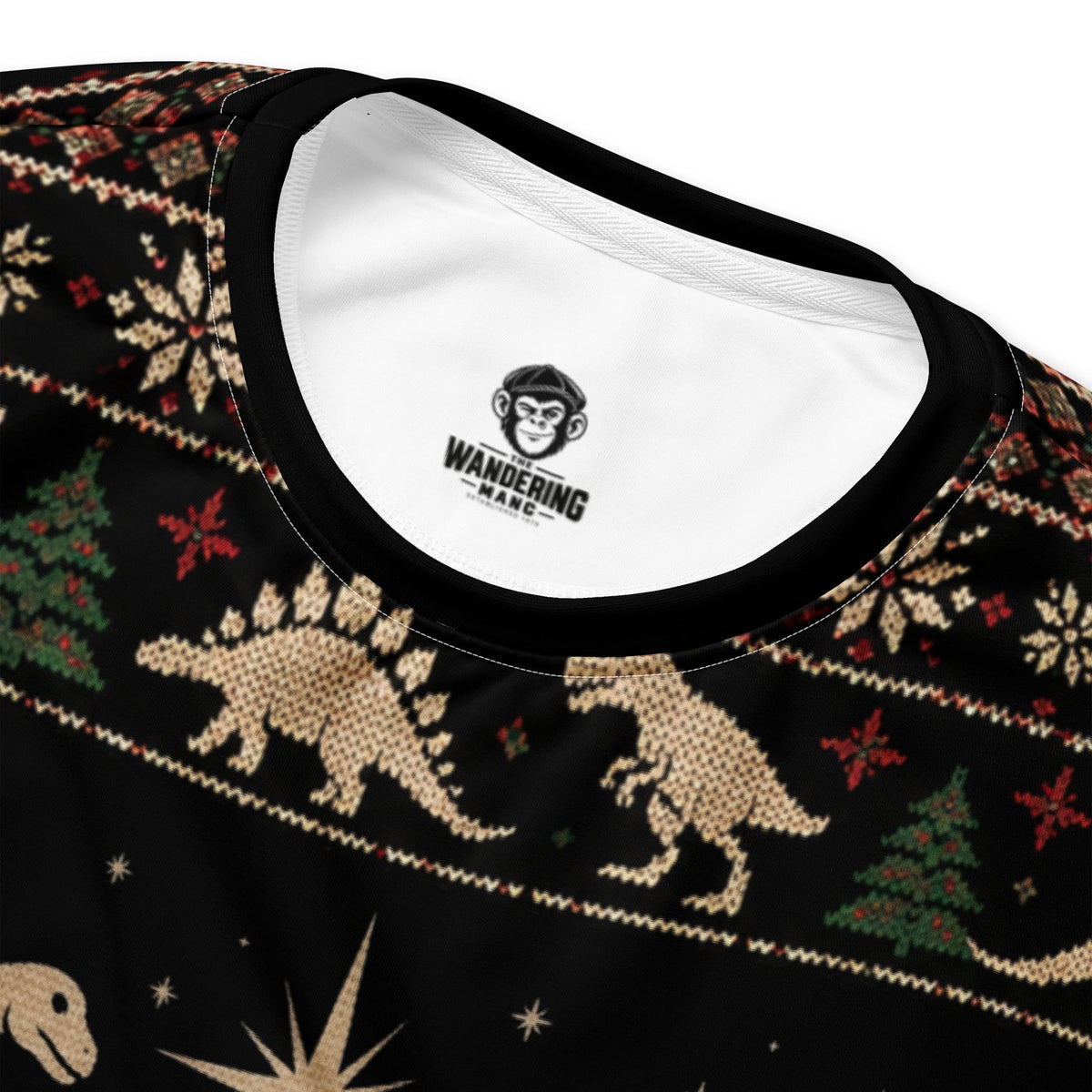 Close-up of Dinosaur Nativity Scene Christmas sweatshirt neckline and inside neck print.