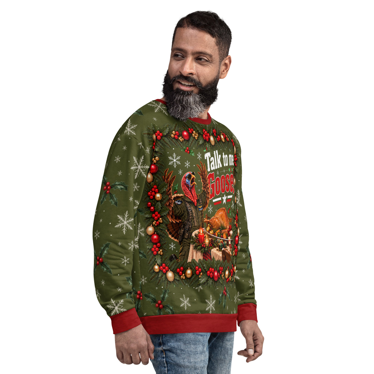 Talk to Me Goose funny Christmas sweatshirt – right front view