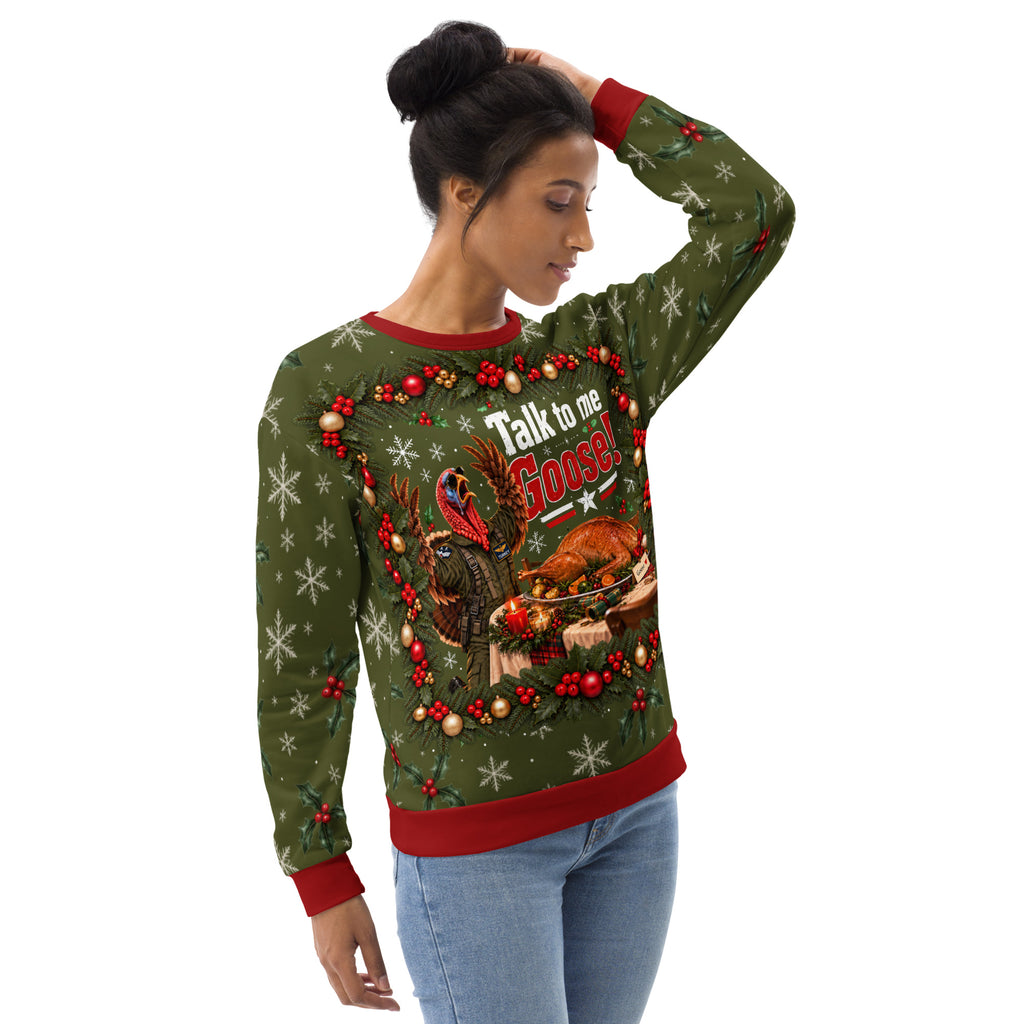 Talk to Me Goose funny Christmas sweatshirt – right front view