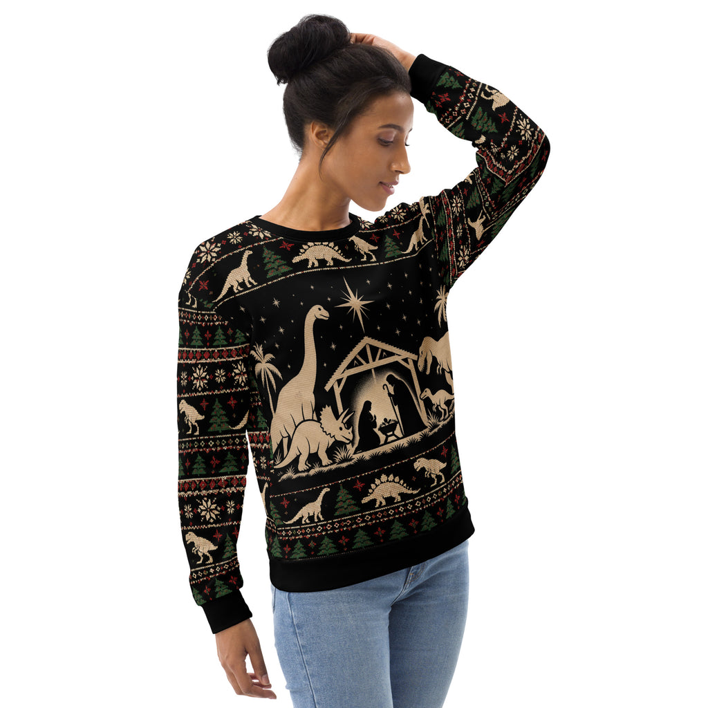 Dinosaur Nativity Scene Christmas sweatshirt – right front view