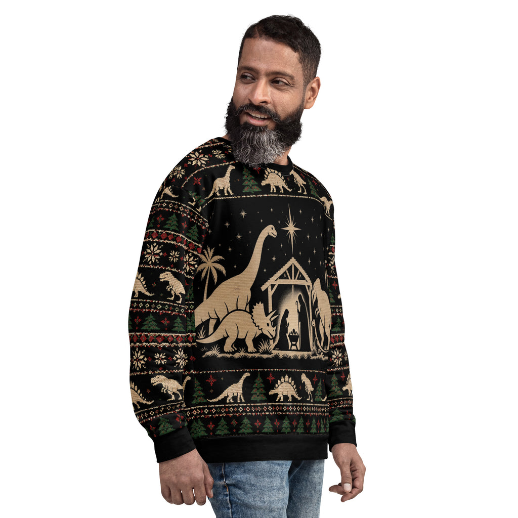 Dinosaur Nativity Scene Christmas sweatshirt – right front view