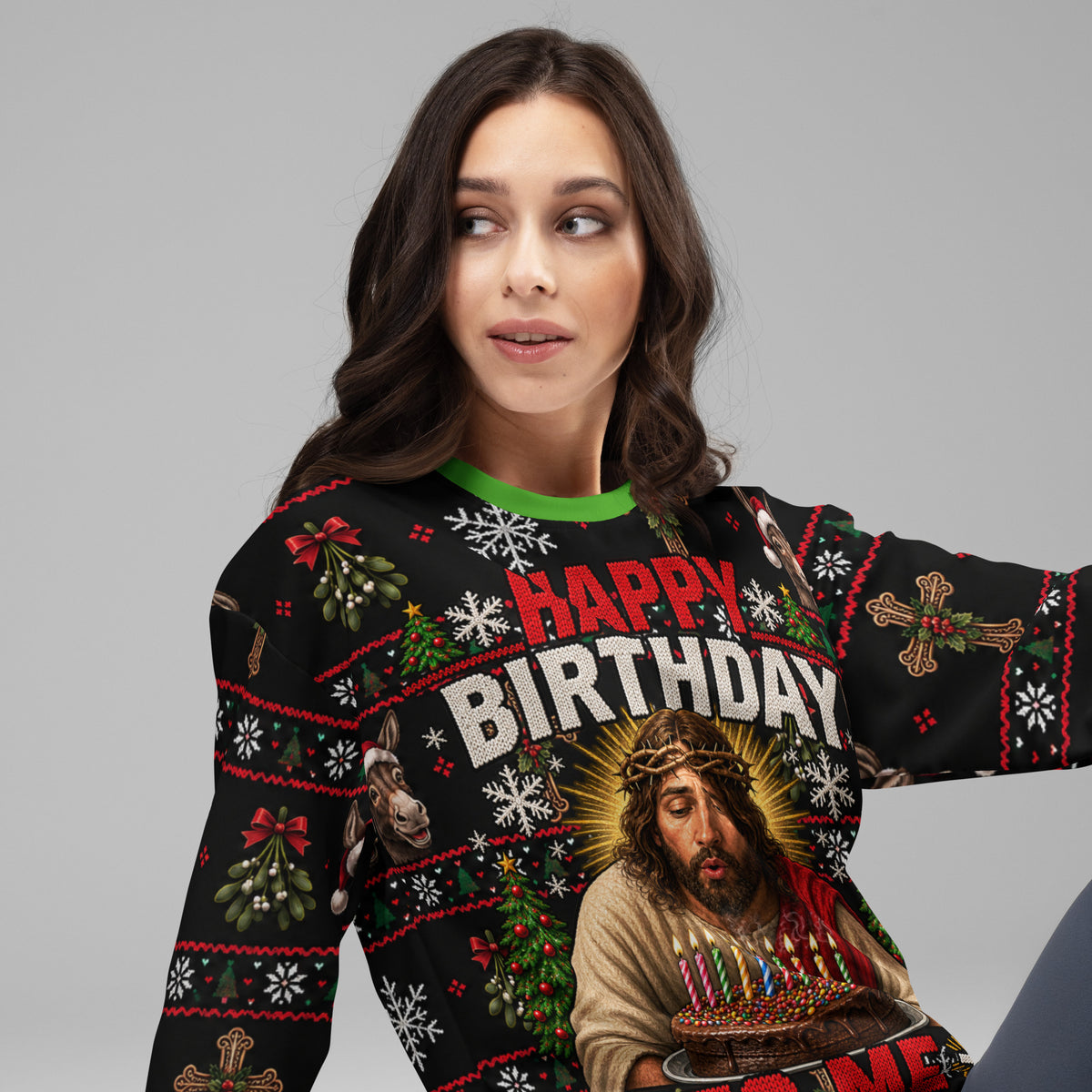 Birthday Jesus religious humour Christmas sweatshirt – right front view