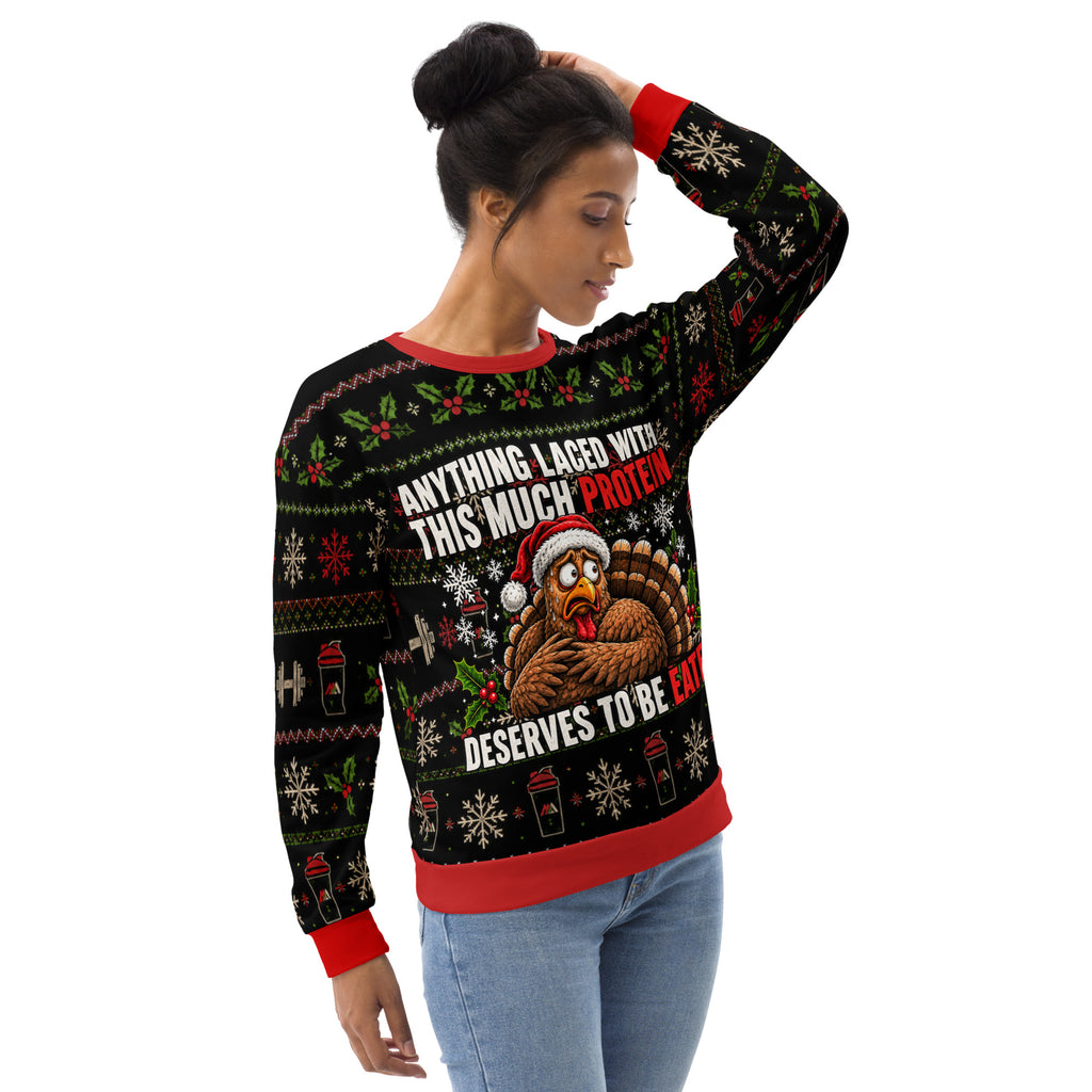 Protein Turkey gym Christmas sweatshirt – right front view
