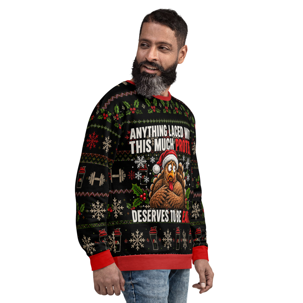Protein Turkey gym Christmas sweatshirt – right front view