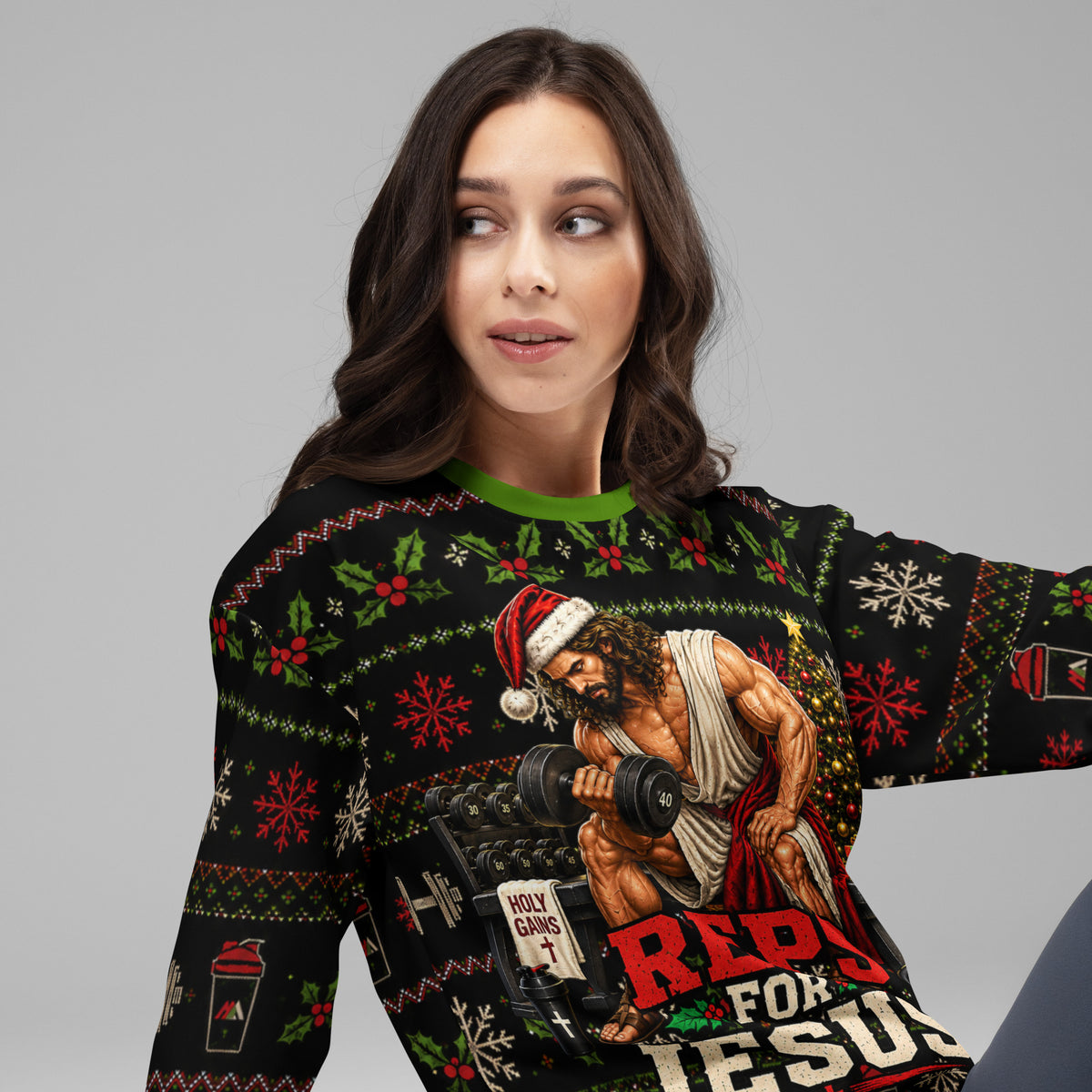 Reps for Jesus gym Christmas sweatshirt – right front view