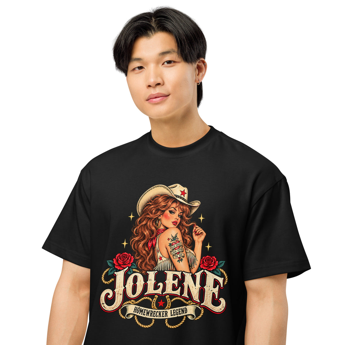 Jolene Homewrecker Legend men's box tee in black second front view